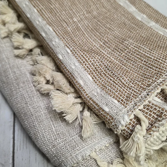 Elegant Sage Green Chiffon Archway Fabric- Boho Tasseled Linen Cotton Tablecloth - Picture 9 of 11